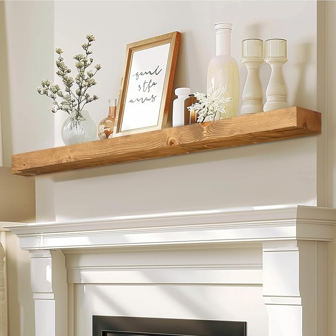60x7x3 Fireplace Mantel - Solid Rustic Wood - Wall Mounted Floating Shelf with Invisible Heavy Duty Steel Bracket (Natural Wood)-Ruum Studio Home