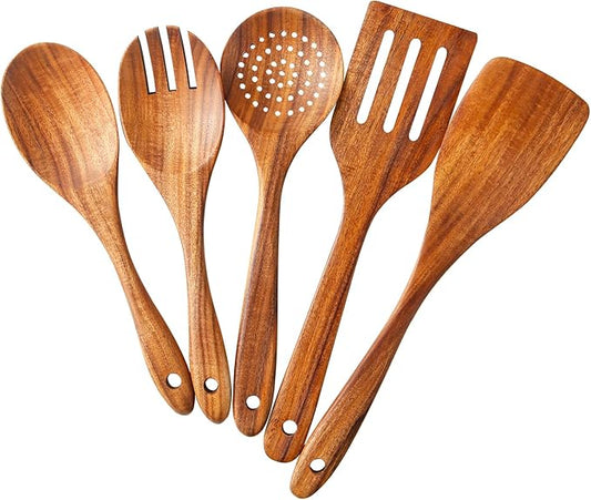 5 Piece Wooden Spoons for Cooking - Natural Finish Wooden Cooking Utensils - Soft Grip Wood Spoons - Non-Stick Wooden Spoons-Ruum Studio Home