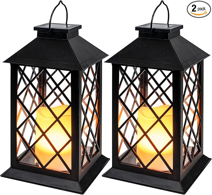 Homemory Solar Lanterns Outdoor Waterproof Hanging with Flickering Flameless Candles, 2 Pack 13'' Garden Outdoor Lantern Decorative for Patio Front Porch Backyard Balcony Cabin Outside Table(Black)-Ruum Studio Home