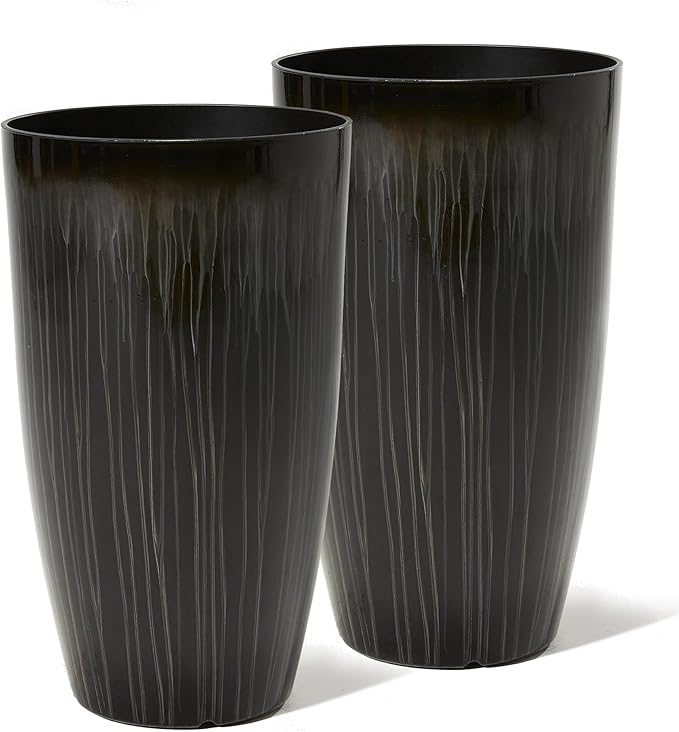 Worth Garden 23.5" H. Large Plastic Planters - Set of 2 Gradient Black Glossy Smooth Finish - Tall Plant Pots for Indoor & Outdoor Use - Decorative Lightweight Flower Pots for Front Porch, Patio, Deck-Ruum Studio Home