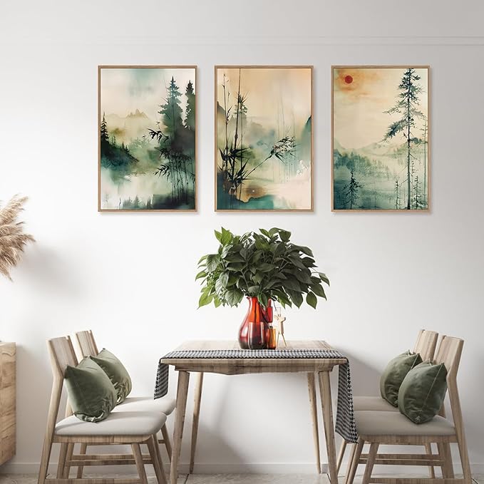 Chinoiserie Nature Framed Canvas Wall Art Set, Mountain and Forest Landscape Painting, Natural Bamboo Pine Tree Lakes Wall Decor for Living Room, Bedroom, Dining Room, Office - 16"x24"x3-Ruum Studio Home