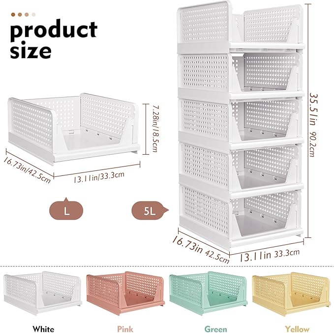 SNSLXH 5 Pack Stackable Closet Organizer Box, Multifunctional & Foldable Closet Storage Basket for Bathroom Kitchen Laundry Room Wardrobe Storage, Space-Saving Clothes Storage Drawer Organizer, Yellow-Ruum Studio Home