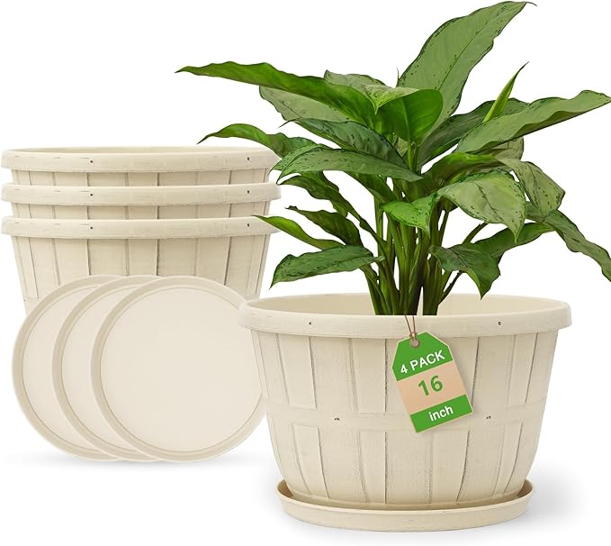Quarut Plant Planters Pots Set of 4 Pack 16 Inch，Large Plastic Flower Pot for Indoor Plants with Drainage Holes & Trays, Whiskey Barrel Planters with Saucer for House Outdoor Garden Plant（White）-Ruum Studio Home
