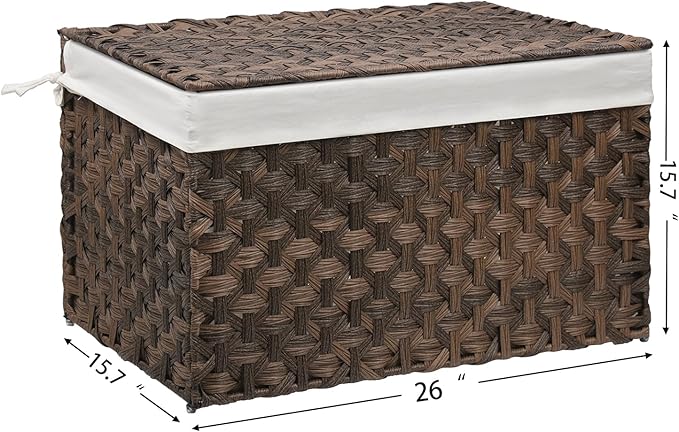 Wicker Storage Basket with Lid, 27.7 Gallon (105L) Large Blanket Basket with Lid, Woven Storage Bin with Handles, Removable Liner, Metal Frame, Foldable, for Bedroom, Laundry Room, Brown-Ruum Studio Home