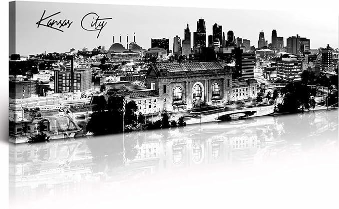 Pictures for Bedroom Black and White Wall Art Kansas City Panoramic Cityscape Skyline Canvas Art Prints for Living Room Office Home Decor Framed and Ready to Hang 13.8"x47.3"-Ruum Studio Home