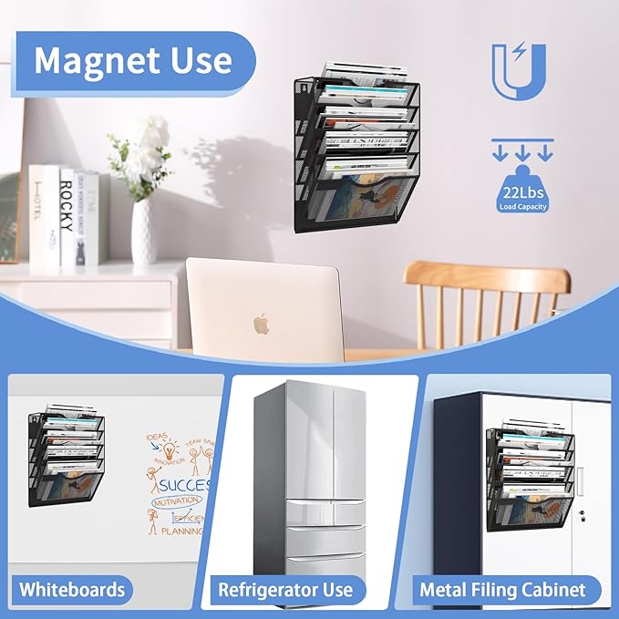 5-Tier Magnetic File Holder, No Drilling Installation File Cabinet Organizer, Black Magnetic File Organizer, Magazine Rack, Magnetic Paper Holder for Refrigerator, File Cabinets, Whiteboard-Ruum Studio Home