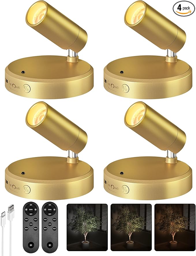 EZVALO LED Spotlight Indoor, 5500mAh Rechargeable Battery Uplighting Indoor, Wireless Mini Art Accent Spot Lights with Remote, for Plants Display Painting Dartboard Artwork Portrait Closet(4Pack-Gold)-Ruum Studio Home