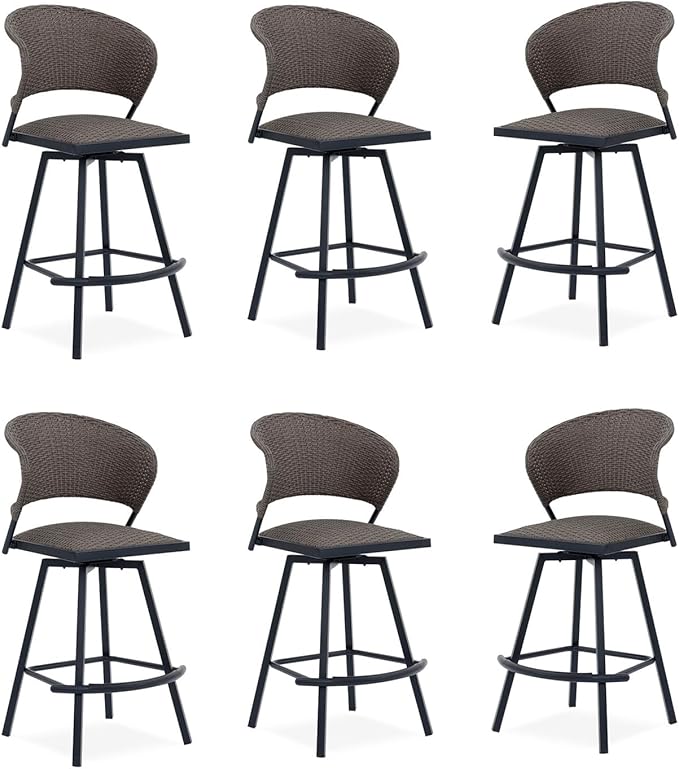 VICLLAX Patio Bar Stool Chairs with Footrests and Padded Seat, Bar Height Swivel Patio Chairs Set of 6, Brown Woven Wicker Swivel Bar Stools for Lawn Garden-Ruum Studio Home