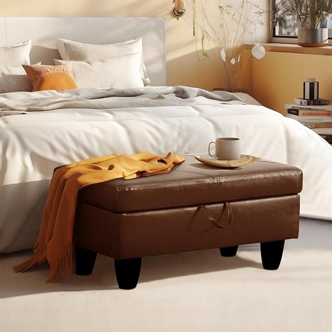Ottoman Rectangular Storage Ottoman Bench, Faux Leather Footrest, Coffee Table, Stool Footstool with Hinged Lid for Living Room, Bedroom, Entryway, Brown, 28.5"x19"x17.5"-Ruum Studio Home