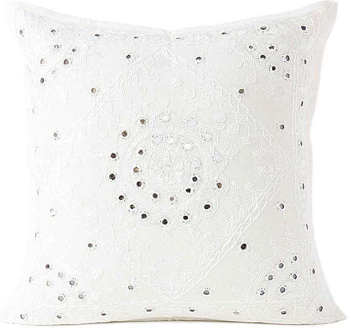 Eyes of India Embroidered Decorative Boho Throw Pillow Cover with Mirrors, Handmade Bohemian Accent Cushion Case for Sofa Couch Bedroom Living Room (White, 16" x 16")-Ruum Studio Home