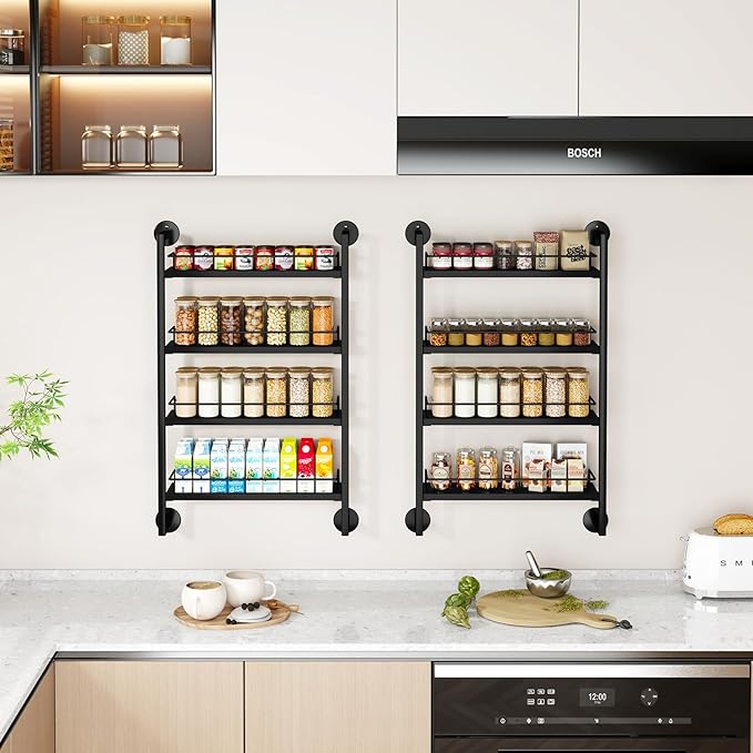 IBUYKE Spice Rack Wall Mount,4 Tier Hanging Seasoning Organizer, Spice Rack for Wall for up to 50 Jars,Spice Organization for Kitchen Cabinet,Living Room,Bathroom,Pantry,Black UTLJ016B-Ruum Studio Home