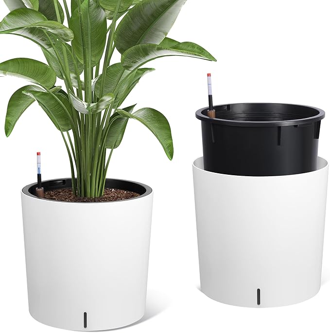 Tall Round Planter Set of 2, 19.5‘’ H x 19.9" Dia Large Planters for Indoor Plants with Built-in Drainage and a Water Level Monitor and Wheels for Patio, Porch, Living Room, or Home Office, White-Ruum Studio Home