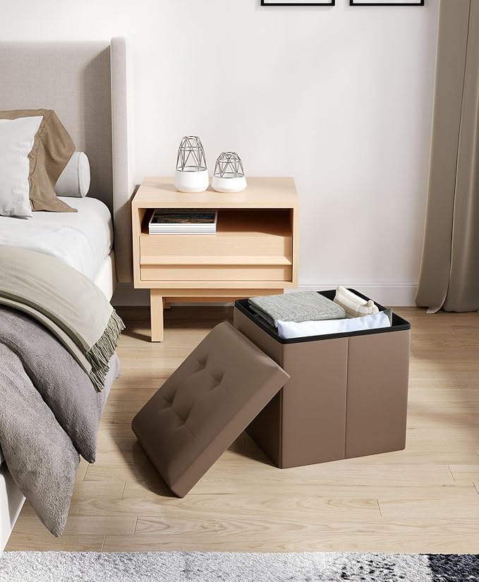 15 Inches Small Folding Storage Ottoman Cube, Storage Footrest, Foot Rest Stool, for Living Room, Bedroom, Dorm, Hallway, Entryway, Brown-Ruum Studio Home