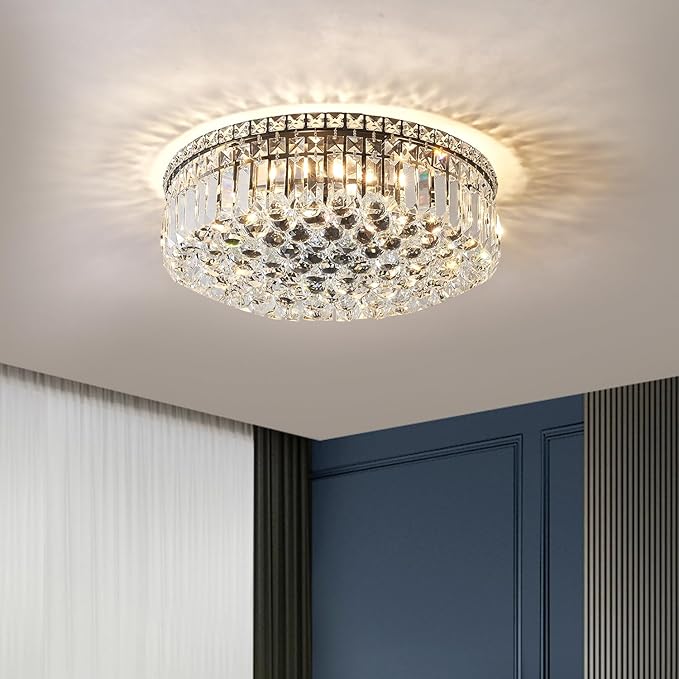 6-Lights Black Crystal Flush Mount Chandelier Light Fixture K9 Crystals Modern Ceiling Lights Elegant Pendant Lamp for Bedroom,Hallway,Bar,Living Room,Dining Room,H5.9 xW20 (Bulbs Not Included)-Ruum Studio Home