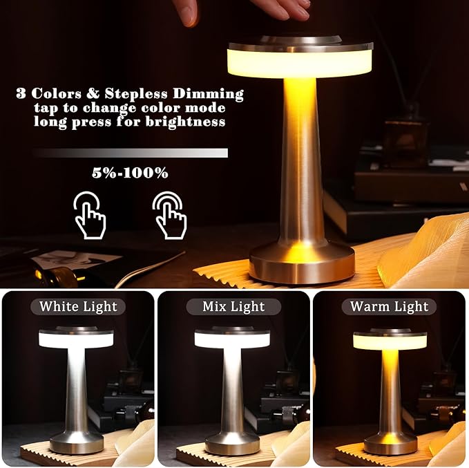 VIHOSE Set of 8 LED Portable Cordless Table Lamp with Touch Sensor 3 Color Stepless Dimming Rechargeable Battery up to 15 Hours Cordless Table Light Wireless Lamp for Nursery(Silver)-Ruum Studio Home