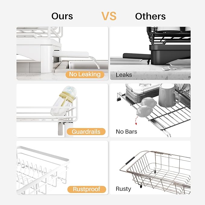 Dish Drying Rack - Extendable Dish Rack, Large Sink Drying Dish Drainer for Kitchen Counter, Stainless Steel Dish Strainer with Utensil Holder (White)-Ruum Studio Home