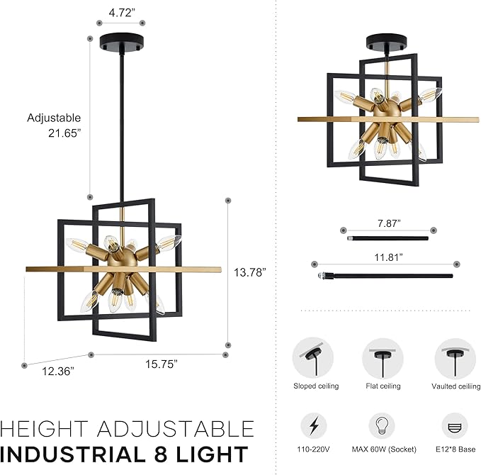 15.8'' Black Gold 8-Light Sputnik Chandelier Modern Industrial Adjustable Hanging Geometric Pendant Light Fixture for Entryway Foyer Stairway Hallway Bedroom Living Room Kitchen Island-Ruum Studio Home