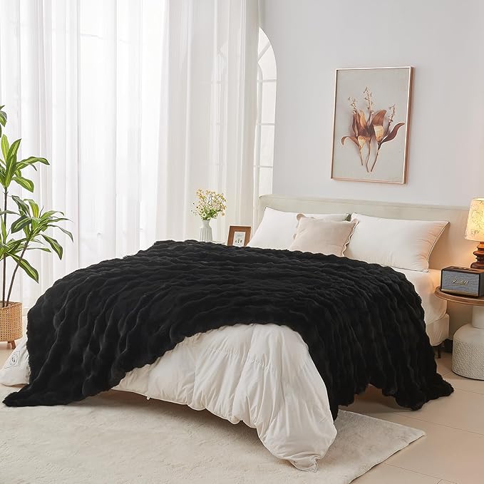 Lotus Karen Faux Fur Throw Blanket Black - Big Bubble Rabbit Fluff Blanket for Couch, Small Fluffy Fuzzy Cozy Blanket, Thick Furry Plush Shaggy Blankets, 50x60 Inches-Ruum Studio Home