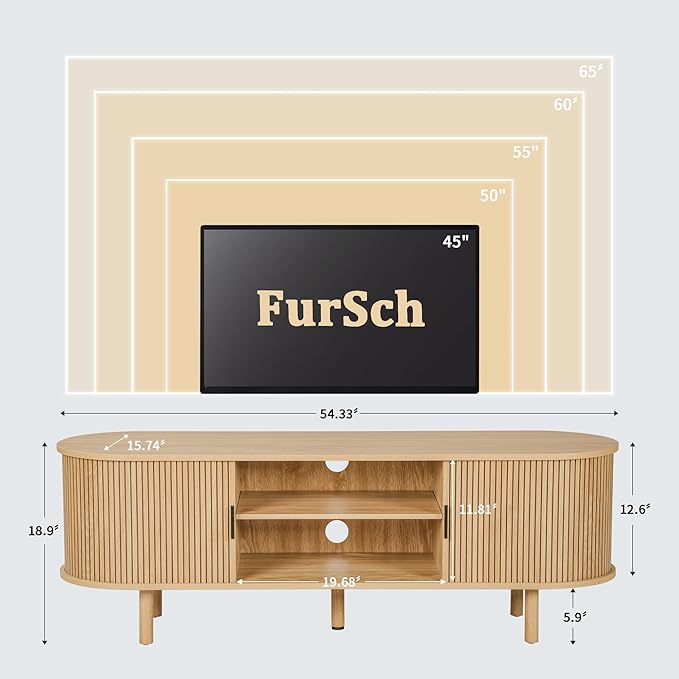 54" Tambour Door TV Stand,Wood Mid Century Modern TV Cabinet for Up to 65“ TV,Curved Edge Long TV Stand with Storage for Bedroom Living Room(Natural, 54inch)-Ruum Studio Home