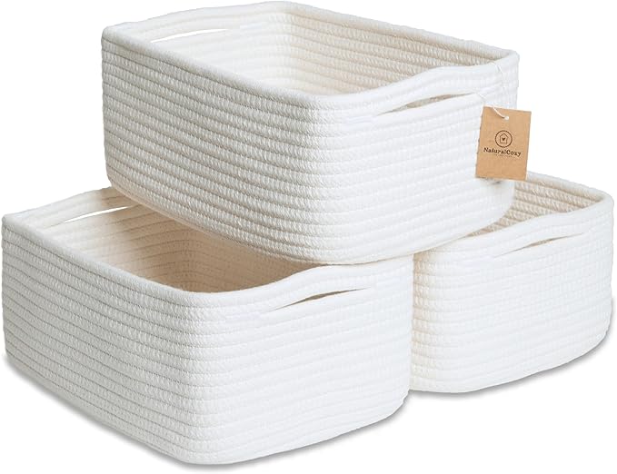 NaturalCozy 11.8"x8"x4.5” Storage Baskets for Shelves 3 Pack | Cotton Rope Woven Small Baskets for Organizing | Small Storage Bins for Nursery, Bathroom, Closet, Cube Shelf, Decorative, Gift Basket-Ruum Studio Home