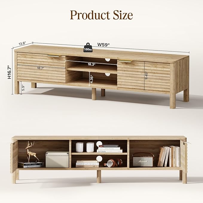 TV Stand for Living Room - up to 65 Inch TVs Mid Century Modern Entertainment Center with Storage and Adjustable Shelves, Media Console Table Oak 59"-Ruum Studio Home