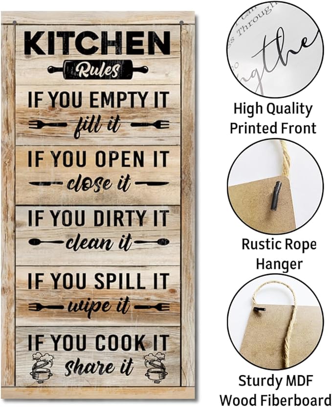 Hanging Kitchen Rules Wood Decor Sign, Rustic Kitchen Wooden Signs, Printed Wood Wall Art Sign, Kitchen Door Rules Rustic Sign, Hanging Wood Sign Kitchen Decor, Funny Farmhouse Kitchen Wall Décor E1-Ruum Studio Home
