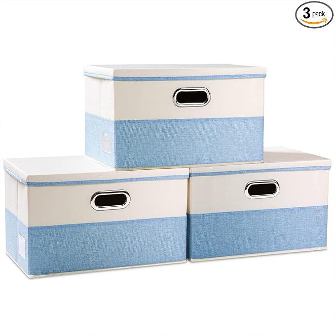 PRANDOM Large Foldable Storage Boxes with Lids [3-Pack] Fabric Collapsible Storage Bins Organizer Containers Baskets Cube with Cover for Home Bedroom Closet Office Nursery Blue&Cream(17.7x11.8x11.8)-Ruum Studio Home