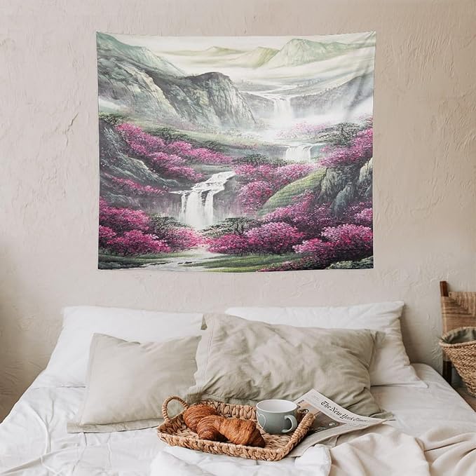 Japanese Tapestry, Red Plum Blossom Mountain Tapestry, Asian Japanese Wall Tapestry, Nature Landscape Tapestries for Bedroom Living Room Decor 60"x50"-Ruum Studio Home
