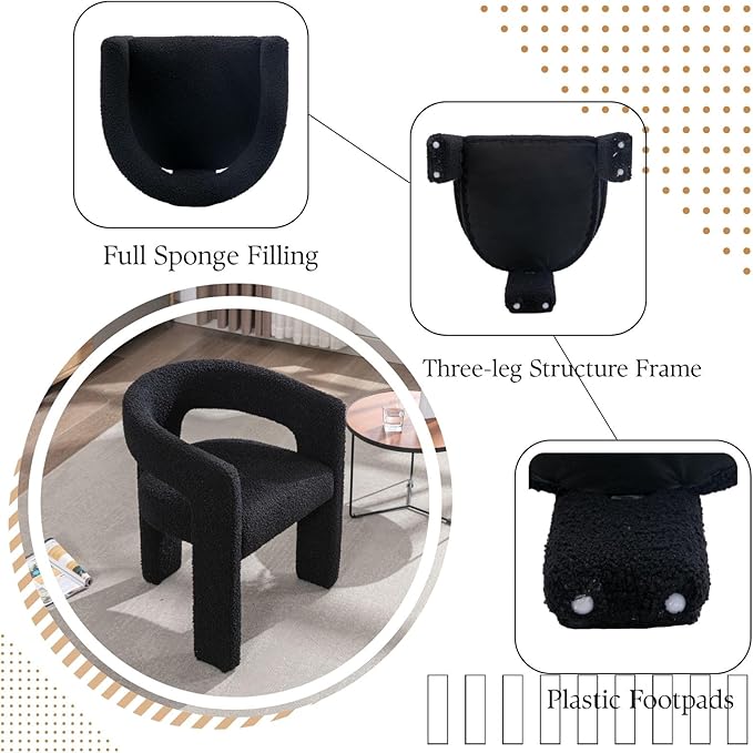 Black Sherpa Dining Chairs Set of 2, Modern Barrel Dining Room Chairs Upholstered Faux Fur Accent Chair with Arms and Round Back for Living Room Kitchen Armchair No Assembly Needed-Ruum Studio Home