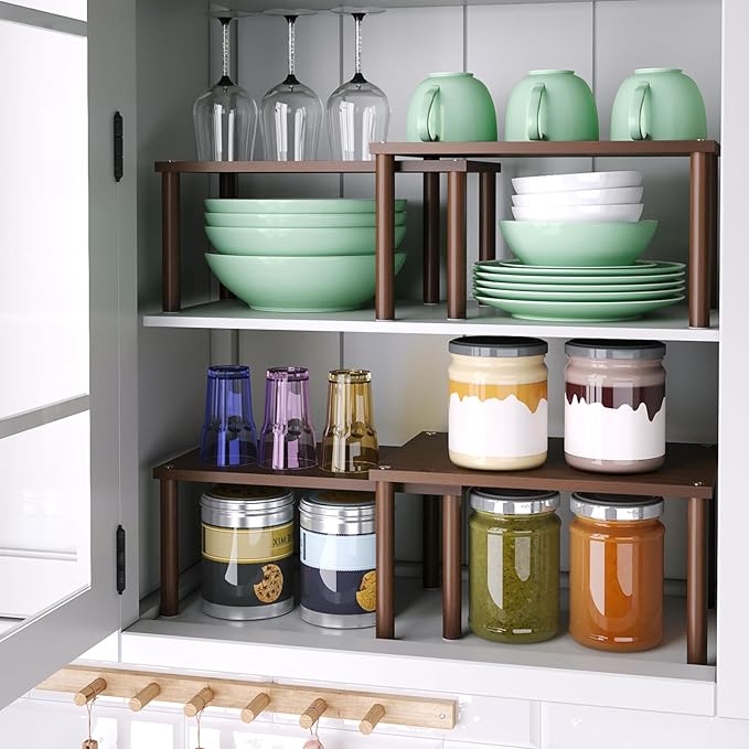 Cabinet Organizer Shelf(Set of 2),Kitchen Counter Shelves,Bamboo Spice Rack Countertop and Cabinet,Stackable Expandable,Medium(Brown)-Ruum Studio Home