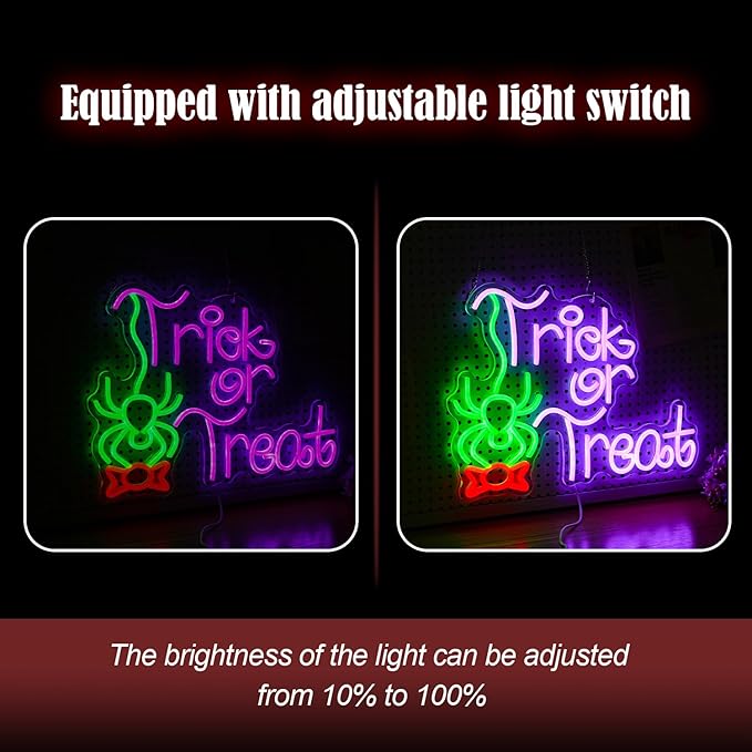 Trick Or Treat Neon Sign Funny Spider Candy LED Neon Light for Wall Decor Dimmable USB Halloween Light Up Sign for Halloween Party Home Neon Decor (16.7 * 12.8In)-Ruum Studio Home