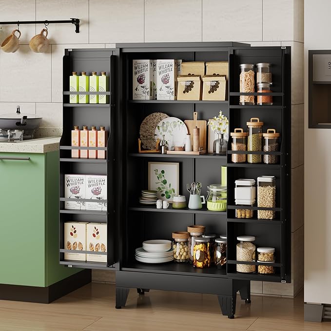 51" H Metal Kitchen Pantry Storage Cabinet, Freestanding Cupboard Storage Cabinet with Doors and Adjustable Shelves, Large Stand Up Food Cupboard for Living Room, Dinning Room, Black-Ruum Studio Home