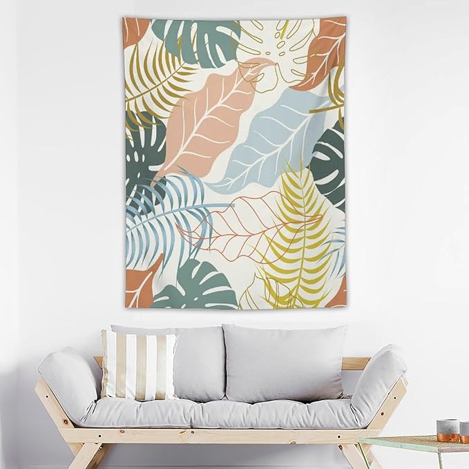 ICMOLYYENLO Boho Green Leaves Tapestry, Mid Century Abstract Tropical Palm Leaves Modern Minimalist Geometric Wall Hanging, Neutral Home Decor Art for Living Room Bedroom Dorm 60x80 Inch-Ruum Studio Home