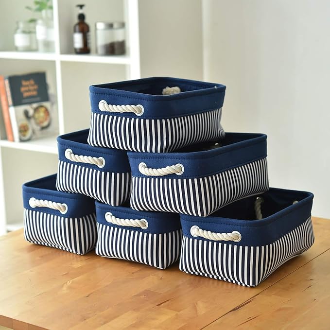 TcaFmac Small Storage Baskets [6 Pack] - Navy Blue Rectangular Storage Bins with Blue Stripes-Ruum Studio Home