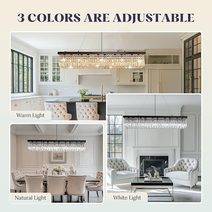 Rectangular Black Crystal Chandelier,10 Light Crystal Chandeliers for Dining Room, Rectangle Light Fixture for Kitchen Island L47''xW10''x H10''-Ruum Studio Home