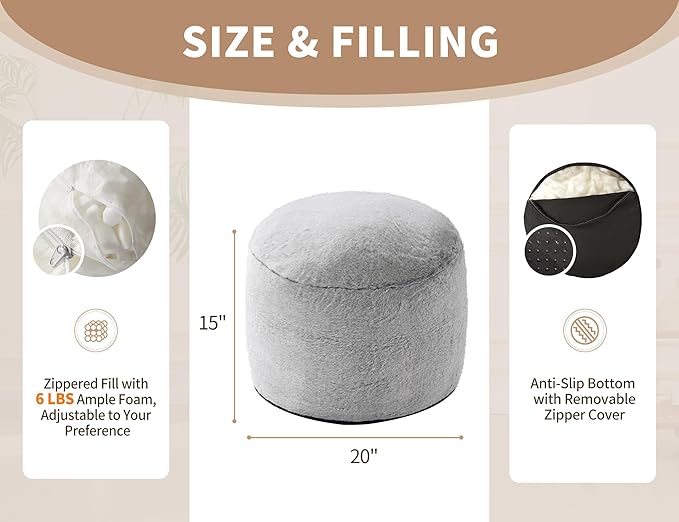 Boho Ottoman Living Room Furniture 20"x15" Large Round Ottomans Pouf Couch Foot Rest Grey Pouf Ottoman Foot Rest with Foam Chunk Filling Pouffe Ottomans Stuffed Foot Rest Poufs for Couch-Ruum Studio Home