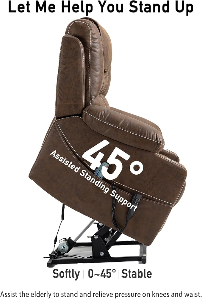 Large Power Lift Chairs Recliners for Elderly with Heated and Massage, Upgraded Dual Motor Lay Flat Recliners, 25in Extra Wide Seat, Cup Holder, Side Pocket…, Brown/Breathing Leather-Ruum Studio Home