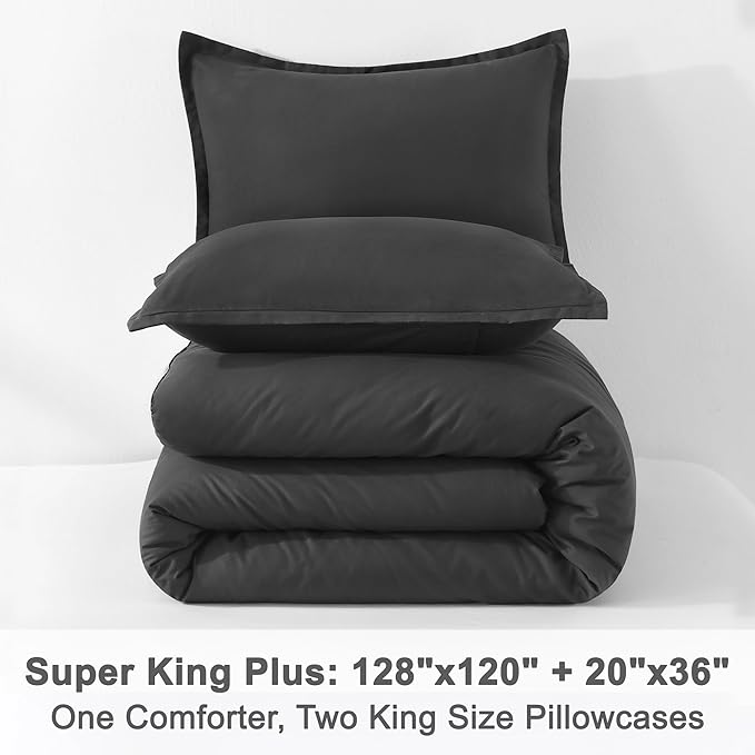 Litanika Dark Grey Oversized King Comforters Super King Plus Size, 3 Pieces Lightweight Solid Bedding Comforter Set, All Season Fluffy Bed Set (128x120In Comforter & 2 Pillowcases)-Ruum Studio Home