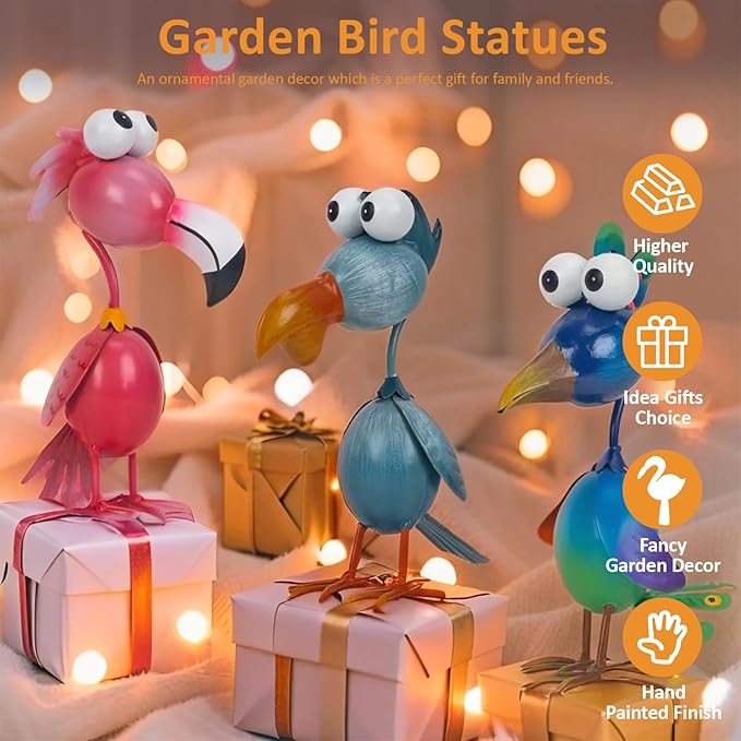 Kircust Outdoor Metal Bird Yard, Garden Decor for Outside Flamingo/Peacock/Pelican Decorations Art Statues, Lawn Ornaments for Courtyard, Patio, Backyard, Porch, Set of 3-Ruum Studio Home