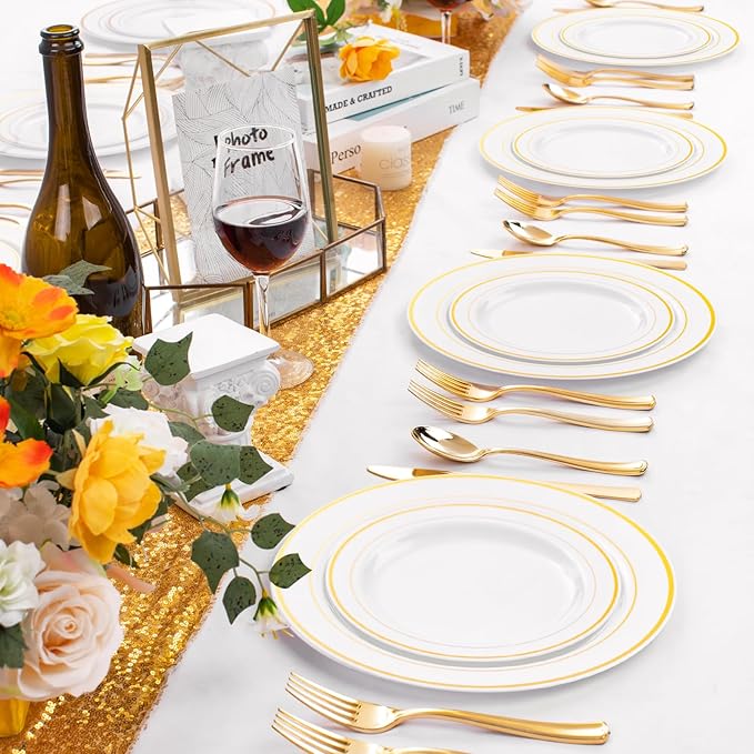 FLOWERCAT 60PCS Gold Plastic Plates - Heavy Duty White and Gold Plastic Plates Disposable for New Year/Thanksgiving Party/Wedding - Include 30PCS 10.25" Dinner Plates and 30PCS 7.5" Dessert Plates-Ruum Studio Home
