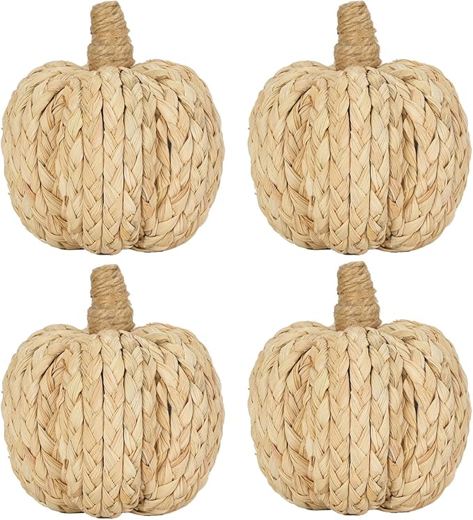 naturevibe 4.3 Inches Braided Cornhusk Pumpkin Decor Set of 4 as Centerpieces for Tables,Natural Corn Stalks Woven Pumpkins for Fall Home Decor,Thanksgiving Decorations or Autumn Harvest Gifts-Ruum Studio Home