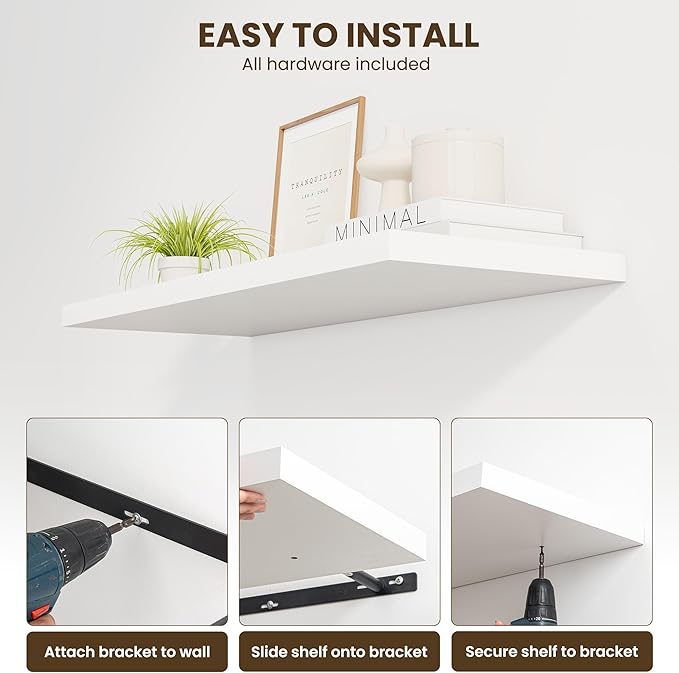 30" Floating Shelves for Wall, 12" Deep Slim White Floating Shelves, Wall-Mounted Shelves for Bedroom, Living Room, Kitchen, Bathroom - Set of 2-Ruum Studio Home
