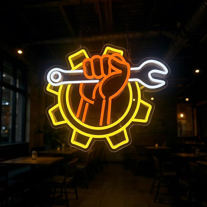 Wrench Neon Sign for Wall Decor – USB Powered LED Garage Sign with Dimmer, Car Room Accent Light, Auto Repair Workshop Wall Lamp, Man Cave Neon Decor, Gift for Dad or Car Enthusiast 13"x14.3"-Ruum Studio Home