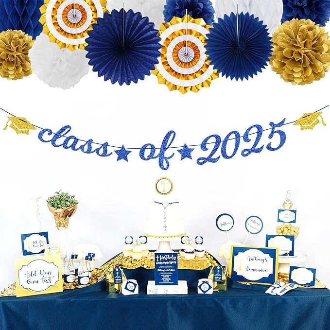Navy-Blue Gold-White Party-Decoration Graduation Banner - 14pcs Kits Cap Garland Streamers, Royal Paper Tissue Pom Poms Flowers Fans Honeycomb,Class Of 2025 College High School Grad Decor Hugfond-Ruum Studio Home