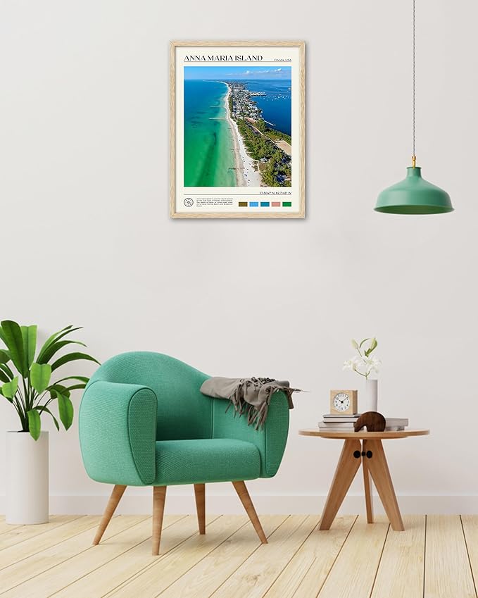 HesenDot Natural OAK Wood Framed Anna Maria Island Wall Art,12x16in Florida Seascape Canvas Wall Print,Classic Urban Landmark Wall Decor for Living Room, Bedroom,Office Gallery Set of 1-Ruum Studio Home