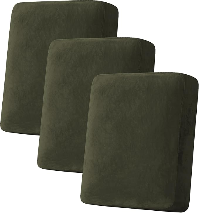 H.VERSAILTEX Velvet Stretch Couch Cushion Cover Plush Cushion Slipcover for Chair Loveseat Sofa Cushion Furniture Protector Seat Cushion Sofa Cover (3 Piece Sofa Cushion Covers, Olive)-Ruum Studio Home