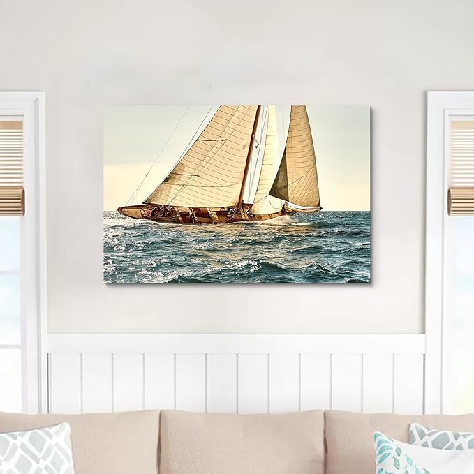 ARTISTIC PATH Coastal Nautical Canvas Wall Art - Ocean Sailboat Artwork Seascape Sailing Prints Wave Boat Picture Sunset Marine Painting for Living Room-Ruum Studio Home