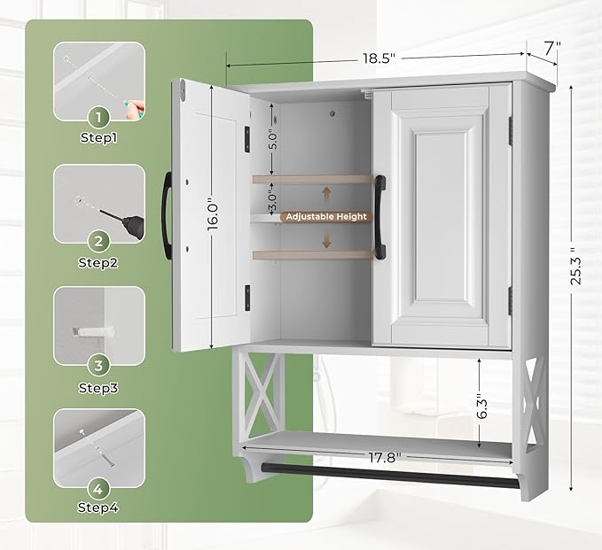 Bathroom Cabinet Wall Mounted, White Bathroom Wall Cabinets with Towel Bar and 2 Doors, Wooden Medicine Cabinet with Adjustable Shelf, Open Storage-Ruum Studio Home