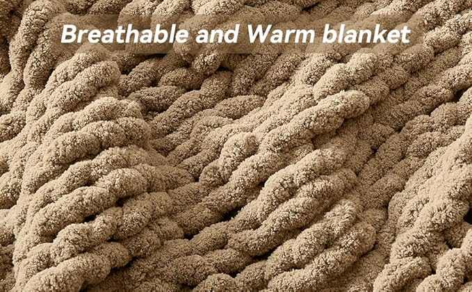 Chunky Knit Throw Blanket, 60''*80'' Knitted Throw Chenille Yarn for Bed Couch, Handmade Light Brown Crochet Big Thick Blanket, Machine Washable Cute Comfy Blanket for Home Decor-Ruum Studio Home