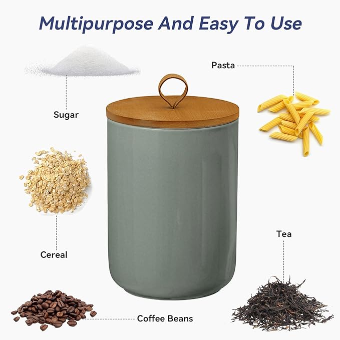 Large Ceramic Storage Jars, Modern Elegant Highly Polished Airtight Gorgeous Storage Canisters with Wooden Lid Food Storage Jar for Kitchen Spice Tea Vanilla Sugar Coffee Beans (Light grey)-Ruum Studio Home